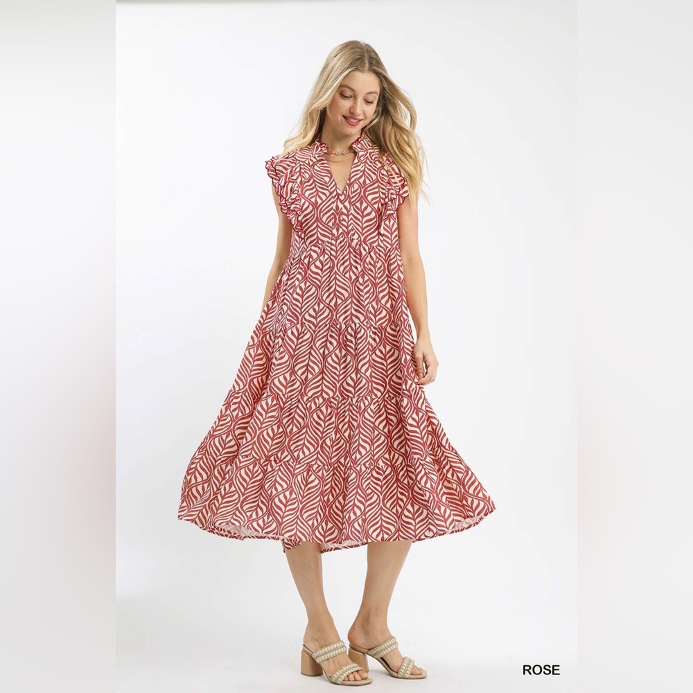 Umgee Leaf Print Tiered Midi Dress with Ruffle Detail🆕